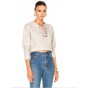 Mother The Tie Up Easy Crop Sweatshirt in Beige